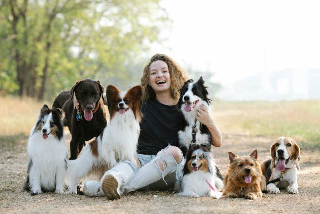 pexels-photo-7210461-7210461 Happy woman sitting with various dog breeds in a sunny outdoor park